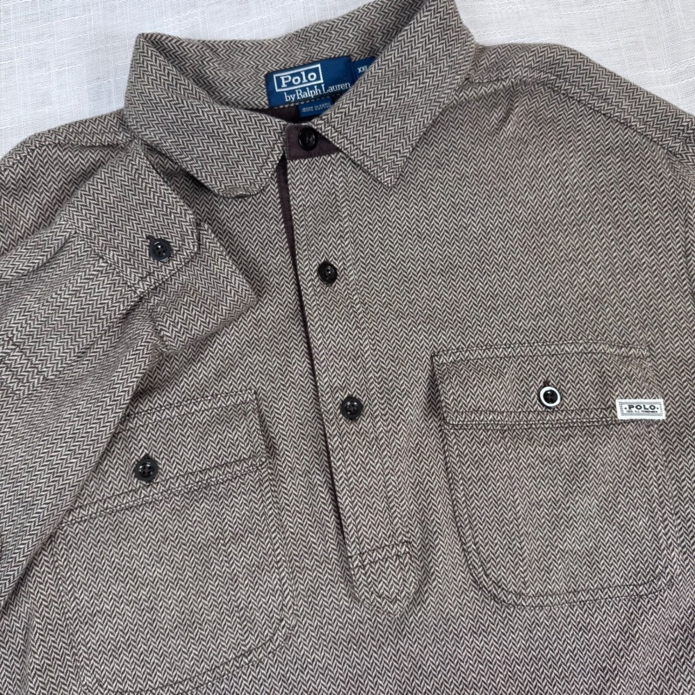 VTG Polo Ralph Lauren Brown Herringbone Polo Shirt Twee XXL Elbow Patch Heritage